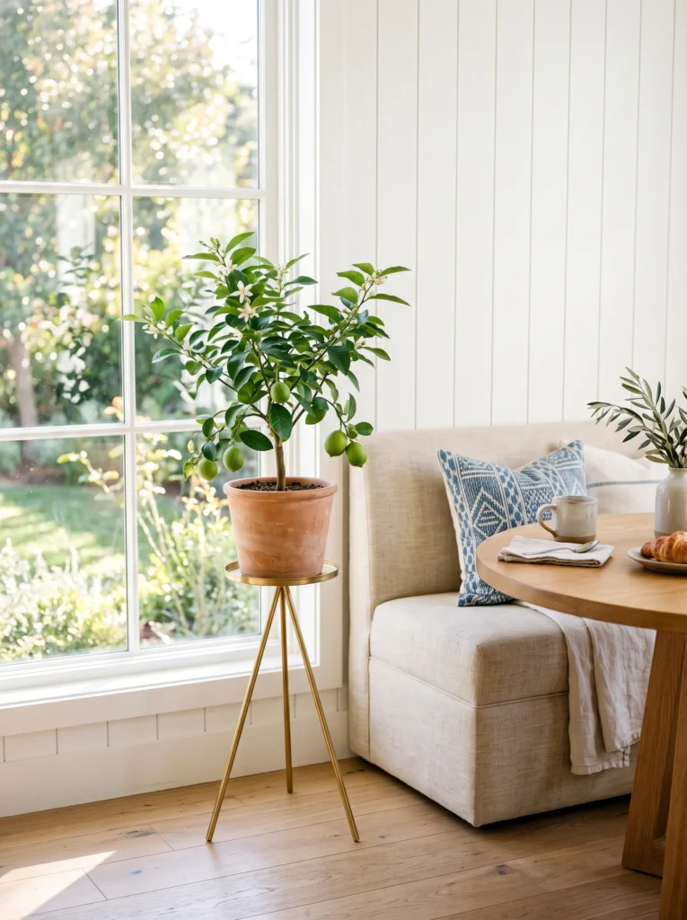 Brass tripod plant stand holding a potted Meyer lemon tree in a sunny breakfast nook