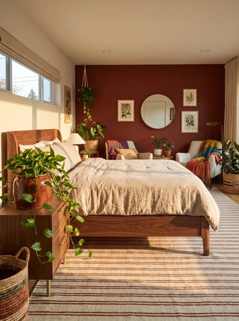 Matte brick-cherry bedroom with curved walnut bed, brass details, pothos, and cream-and-rust rug