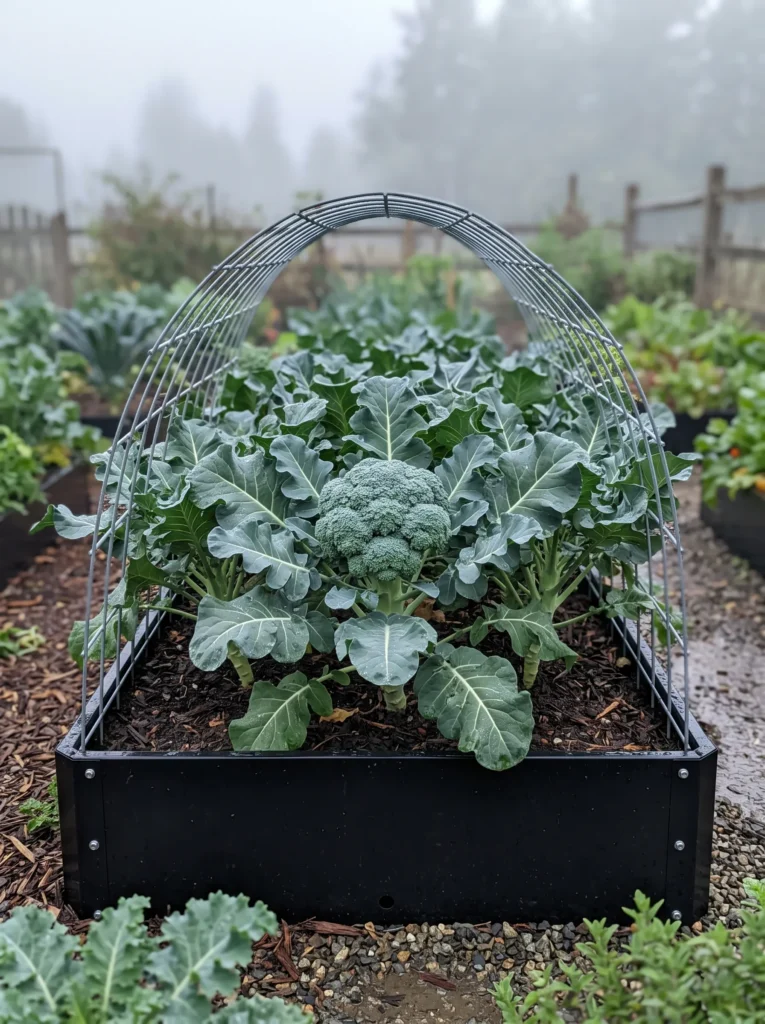  A black powder-coated steel raised bed holding upright broccoli plants supported by a low bent cattle-panel trellis. One large blue-green head is visible up close. Cool, overcast light, with a slight mist in the background. Straight-on, eye-level angle emphasizing the trellis structure and plant posture.