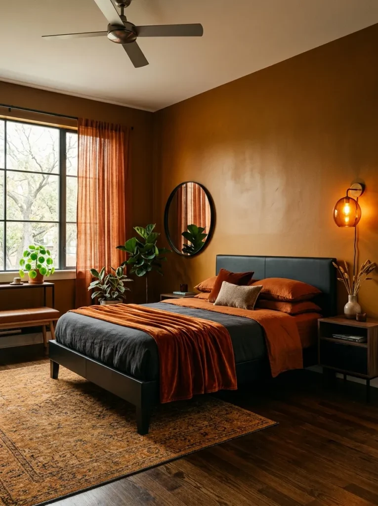 Bronzed amber bedroom wall with a matte black bed frame