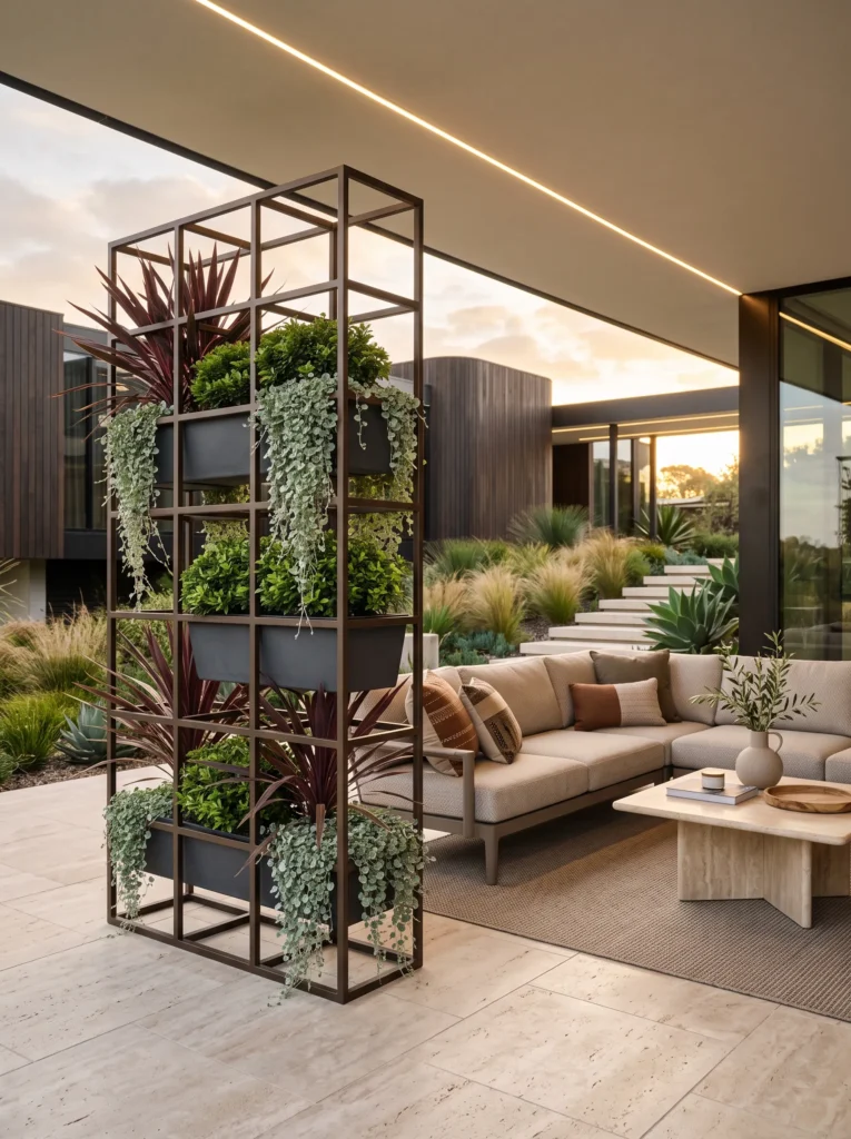 Bronze grid tower with cordyline on patio.