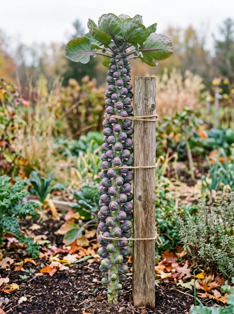 A single tall Brussels sprout stalk staked to a weathered cedar post, with spiraling purple-green sprouts visible along its length against a muted garden backdrop. Crisp, cool autumn light. Vertical composition emphasizing the stalk's height and tiered bud pattern.