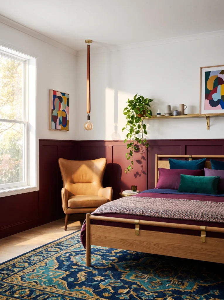 Burgundy wainscoting with oak bed, camel leather chair, leather pendant, and trailing pothos