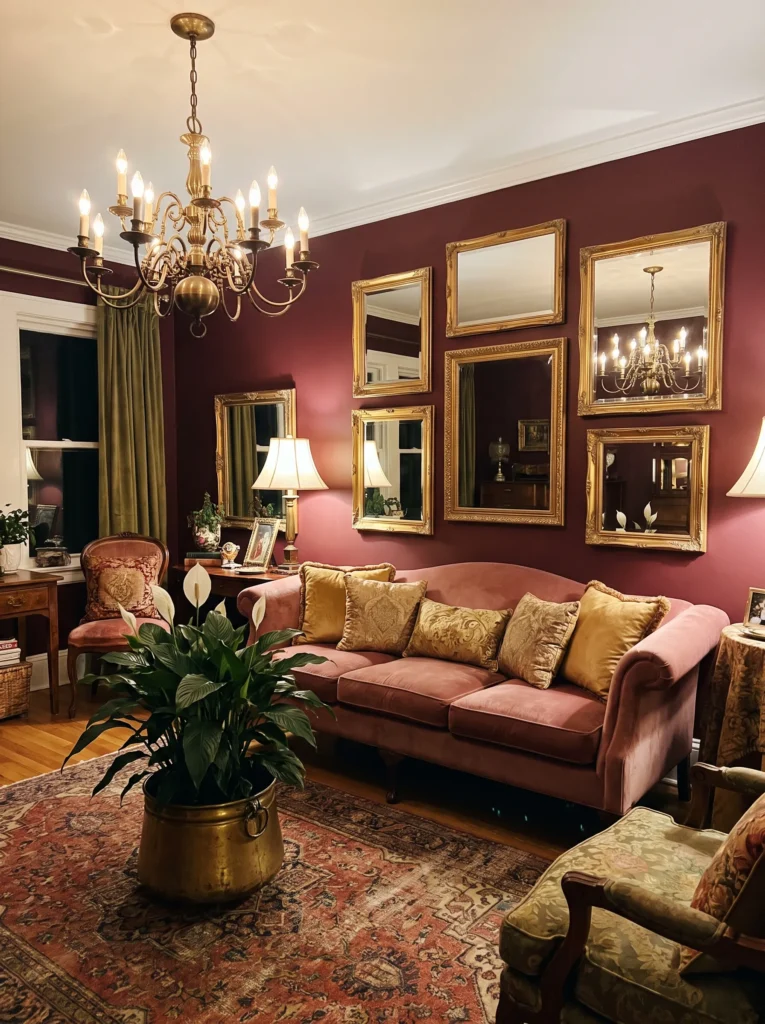 Burgundy living room with antique brass chandelier and dusty rose velvet sofa