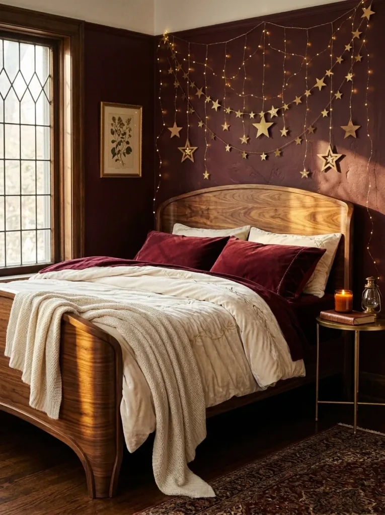 Curved bentwood walnut bed frame against burgundy-wine walls