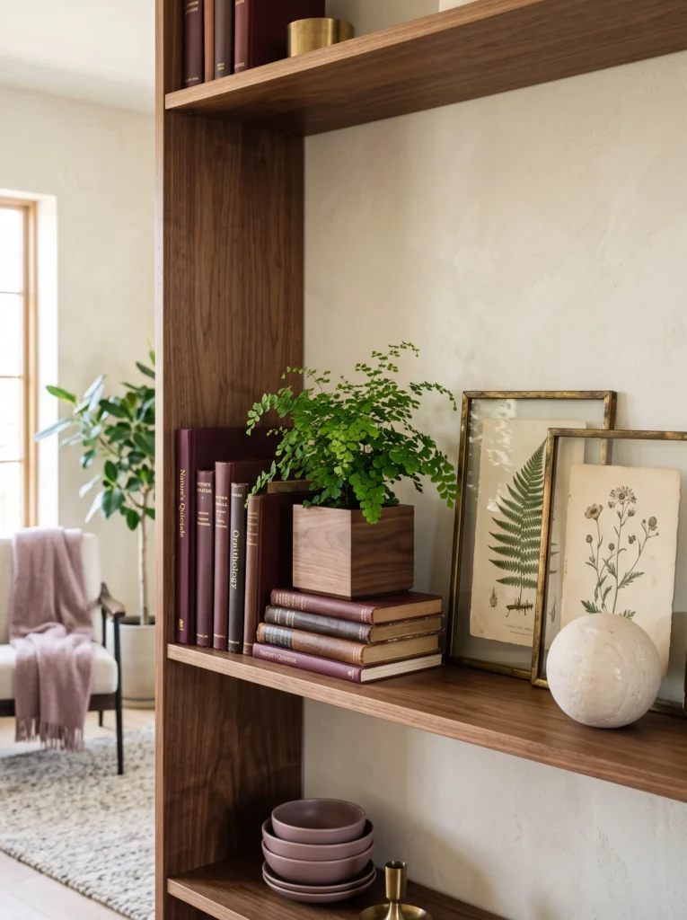 Burgundy books, botanical artwork, limestone sphere, and maidenhair fern creating a layered fall bookshelf display.