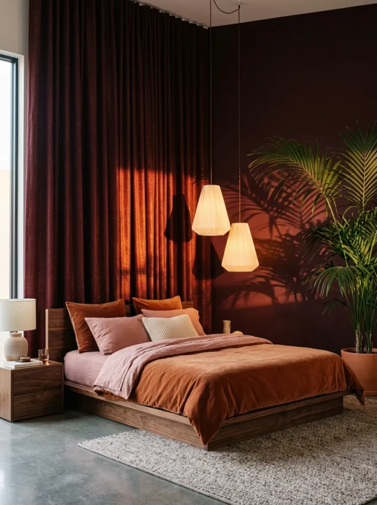 Burgundy woven textile above a walnut platform bed