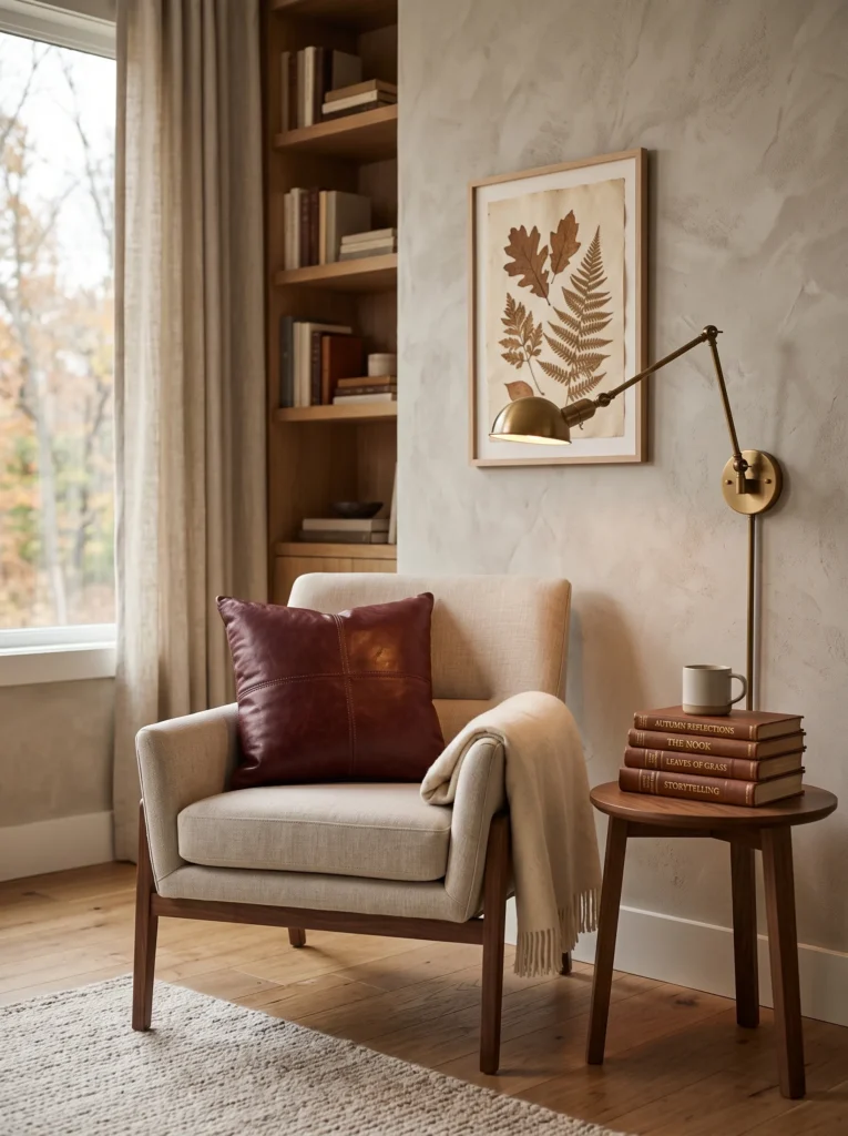 Burgundy library nook with leather cushion, tobacco-brown books, antique brass reading light, and botanical artwork.