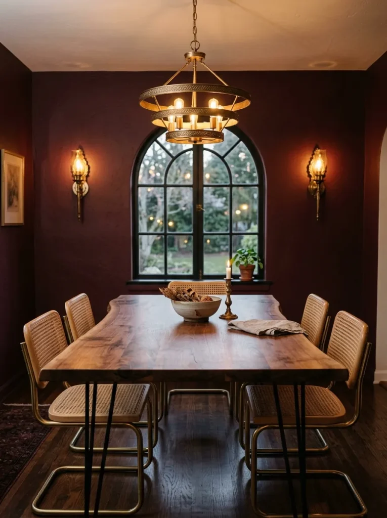 Live-edge walnut table against deep burgundy dining room walls