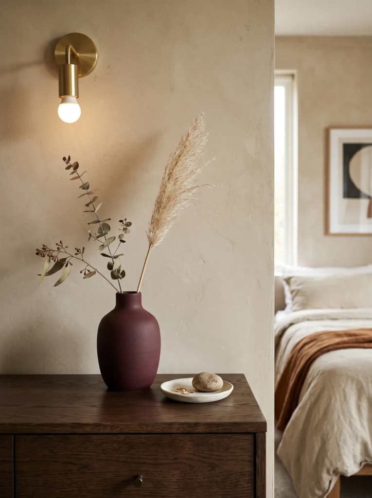 Deep burgundy painted vase with delicate dried stems on a dark wood bedroom dresser.