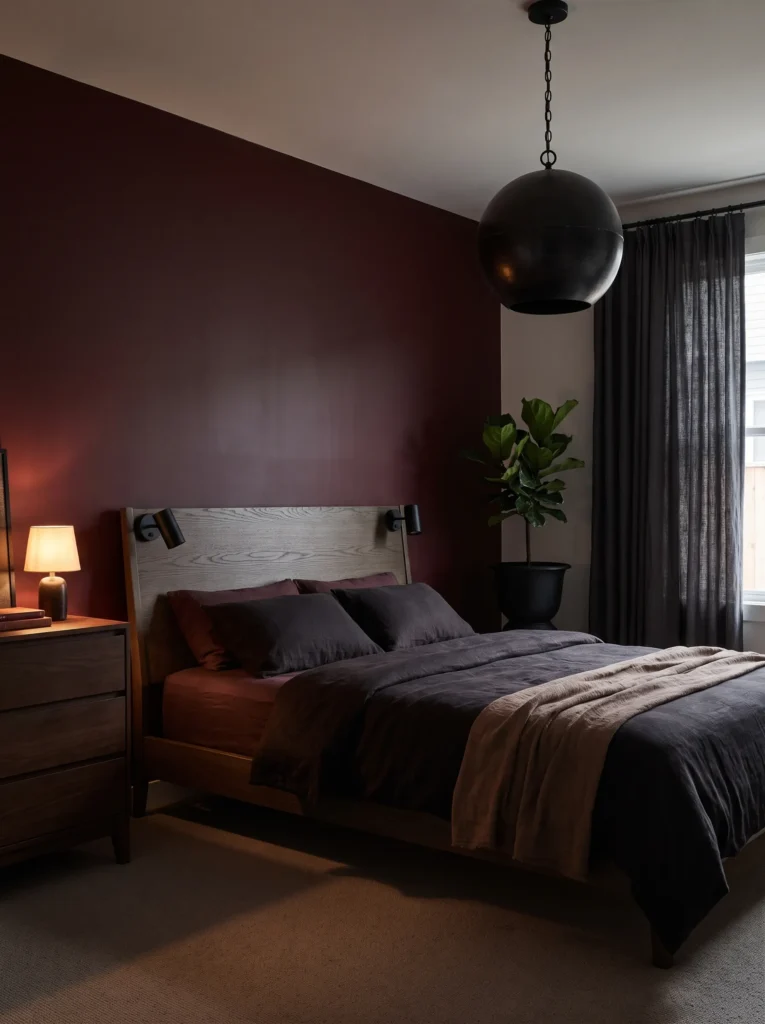Burgundy-oxblood bedroom with smoked oak bed, smoked-glass pendant, charcoal curtains, and cast iron plant
