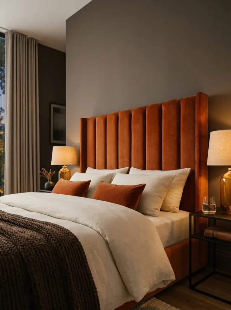  Burnt-orange velvet channel DIY headboard with cream bedding and amber lamps.
