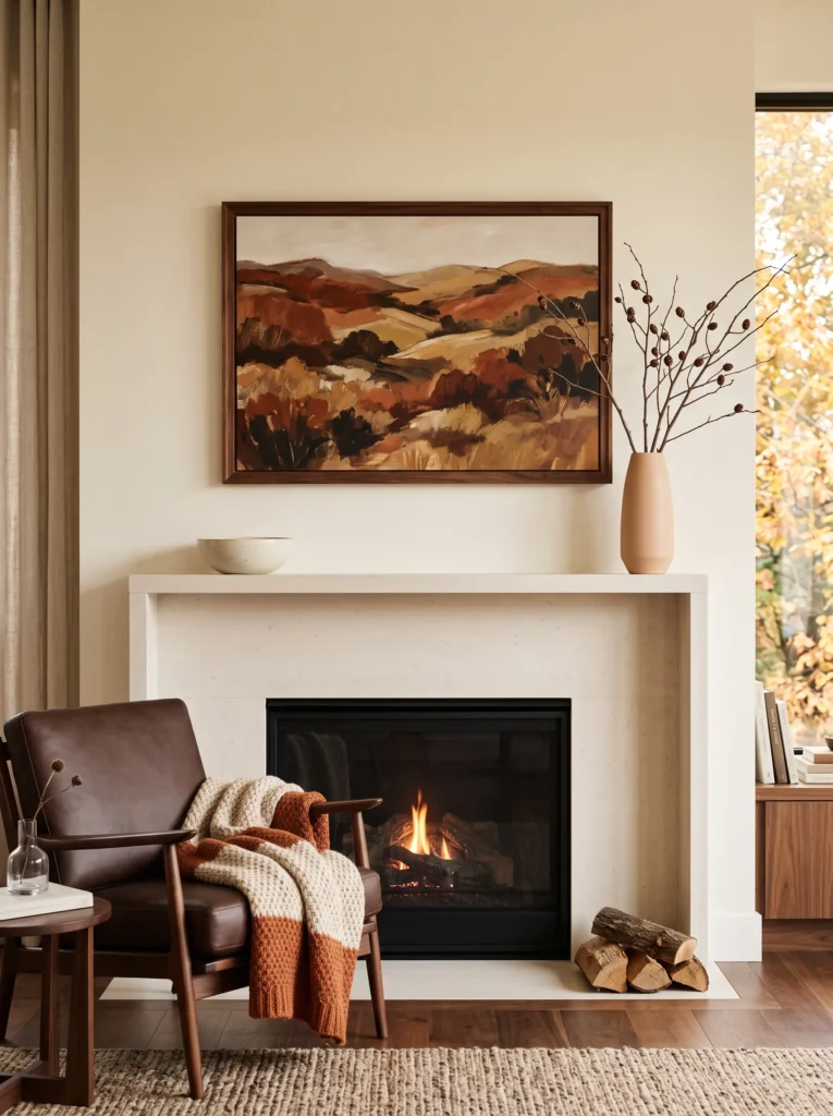 Burnt-sienna landscape painting in a dark-walnut frame above a mantel with a cream ceramic bowl and muted-peach vessel, elegant fall styling.