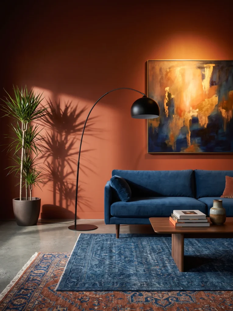 Burnt sienna living room with black arc lamp casting long shadows and layered Persian rug