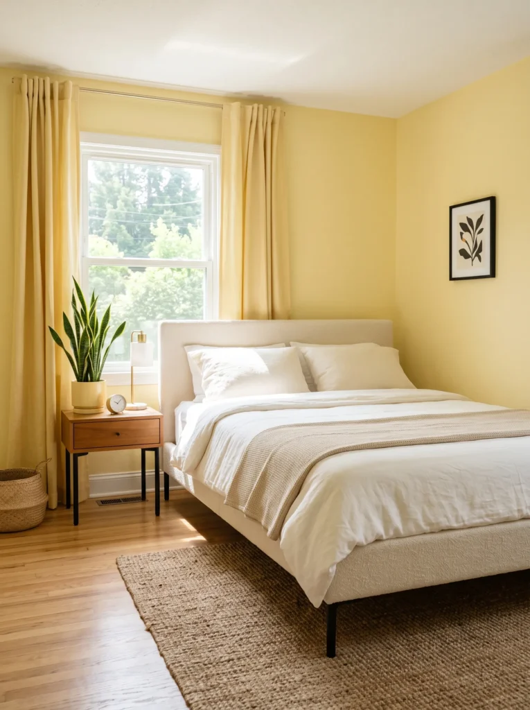 Bright butter yellow bedroom with black matte hardware accents