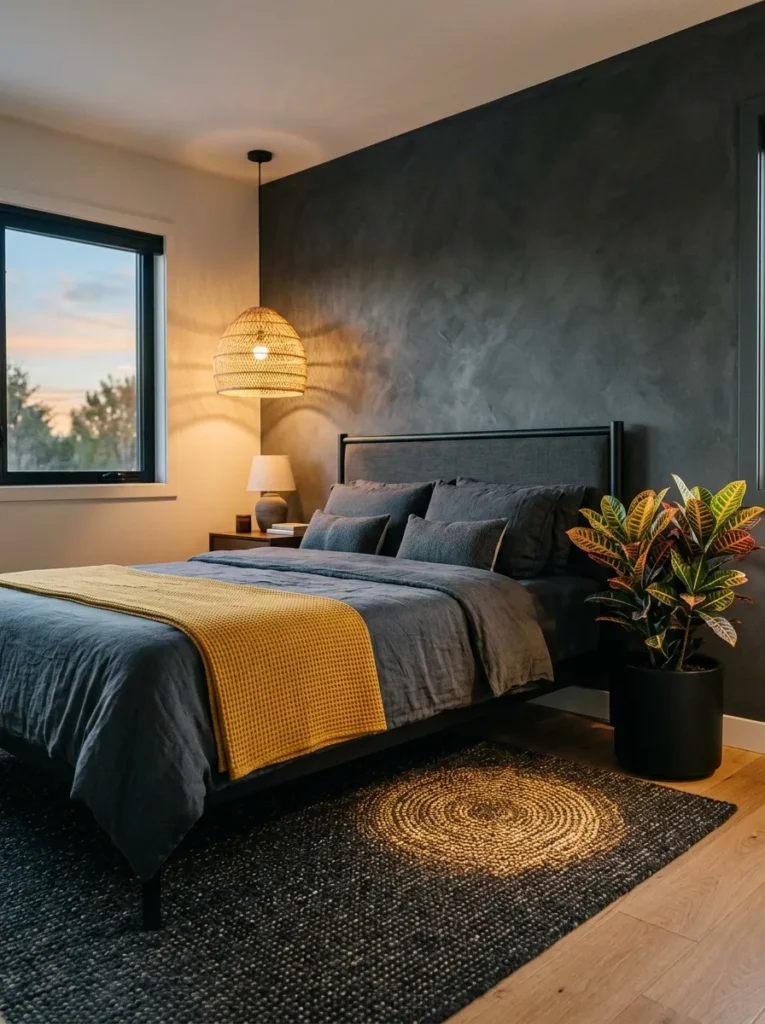 Charcoal limewash accent wall behind a black bed frame in a butter yellow bedroom