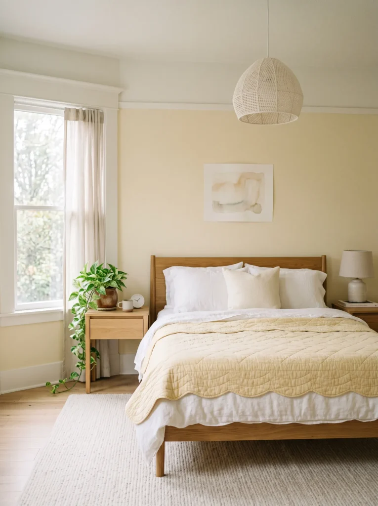 Buttercream walls meeting warm white trim in a soft bedroom scene
