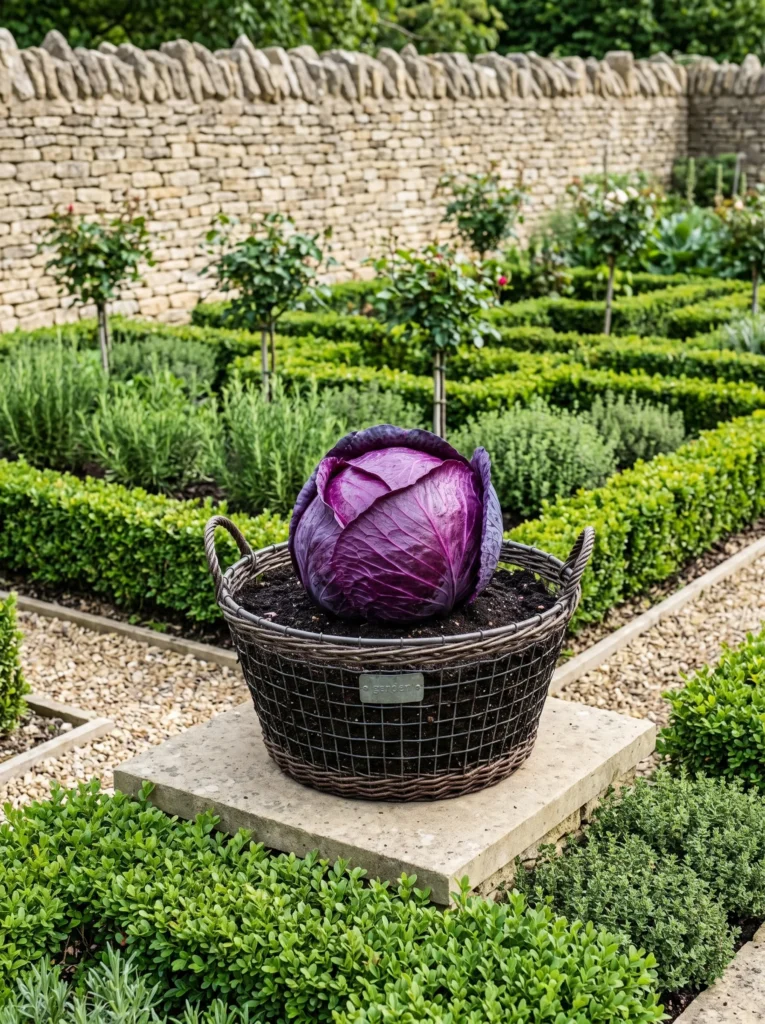  A large woven metal basket planter holding a deep violet-red cabbage head with tightly layered leaves, set against a stone garden wall. Cool, crisp overcast light. Close three-quarter angle highlighting the cabbage's dense, rounded form and rich color.