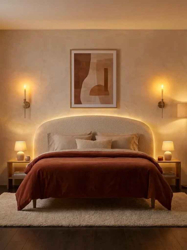 Brushed-brass flameless taper sconces flanking a curved bouclé headboard