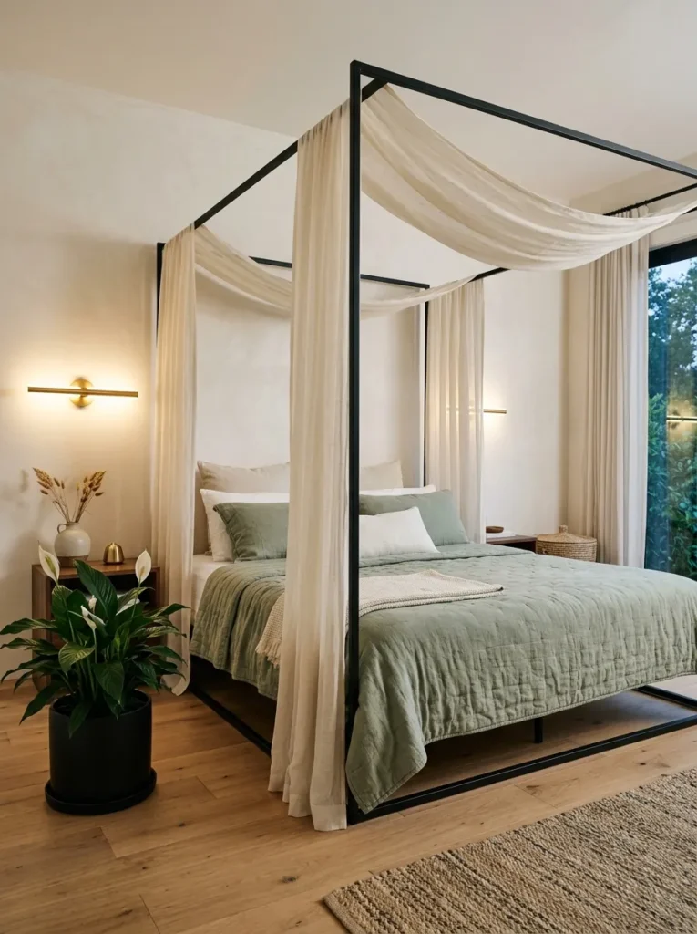 Black canopy frame with sheer cream fabric, sage bedding, peace lily, and brass sconces.