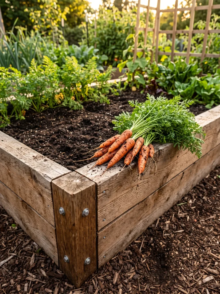 A raised cedar bed built two boards high, corner detail visible with hardware cloth lining beneath loose dark soil. A small collection of freshly pulled orange carrots rests on the wood edge. Low, warm late-afternoon light. Close, slightly elevated angle emphasizing soil texture and clean root shape.