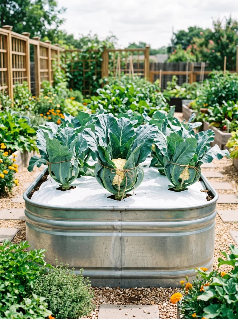 A galvanized stock tank raised bed topped with white plastic mulch, holding several cauliflower plants with wide blue-green leaves loosely tied over pale developing heads with garden twine. Bright, even daylight. Straight-on angle at bed height showing the tied leaves clearly
