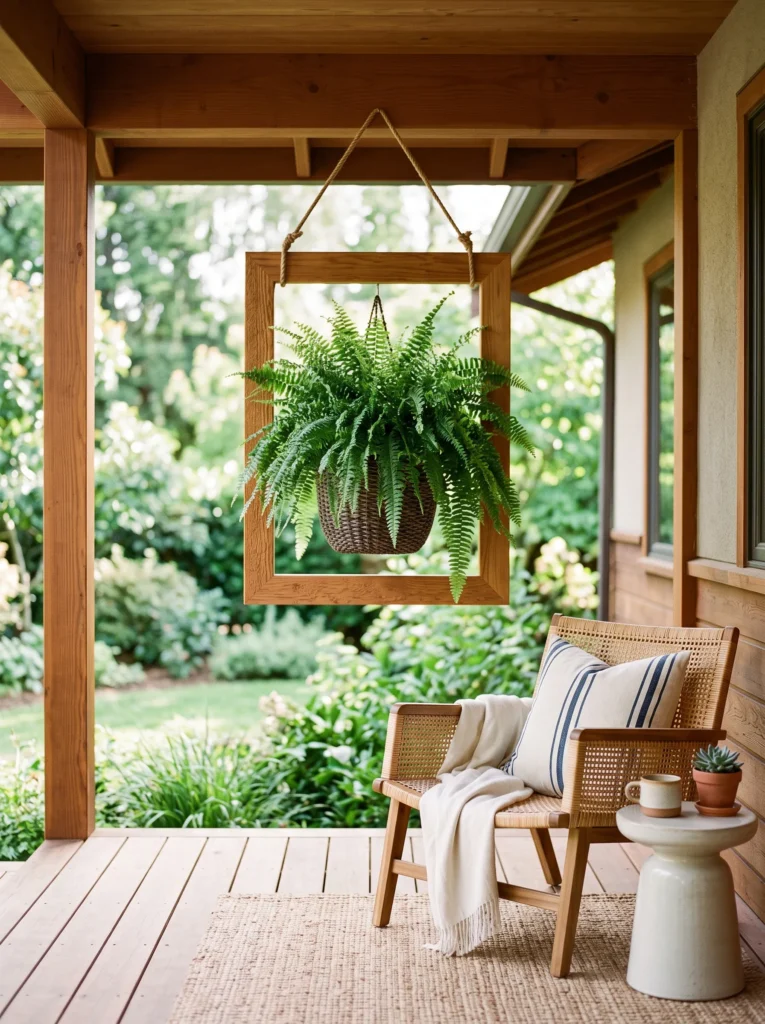 Cedar hanging frame with Boston fern on porch