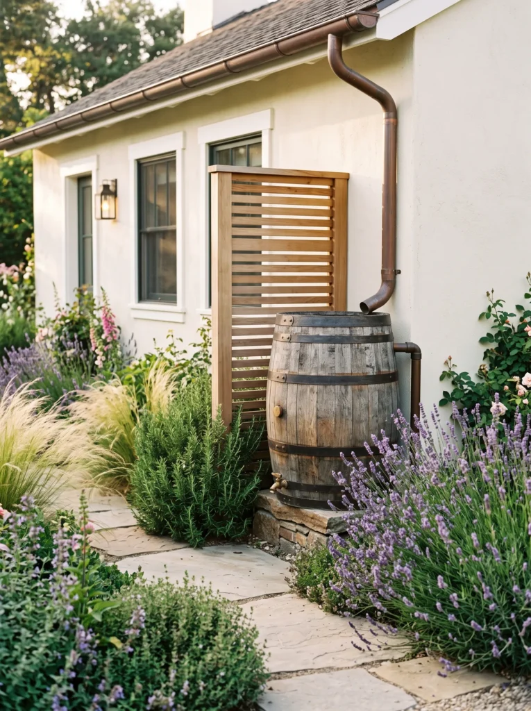  Cedar rain barrel gutter drainage idea surrounded by herbs and ornamental grasses beside a farmhouse garden.