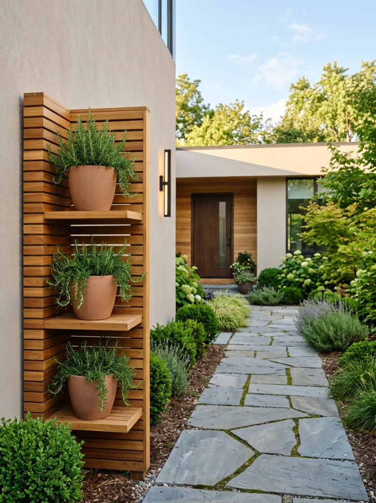 Cedar slat tower with rosemary pots at entry.