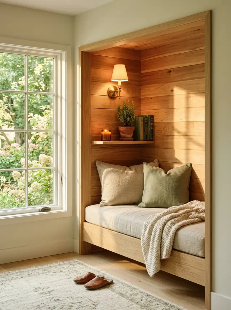 Cedar-paneled reading alcove with a white oak daybed