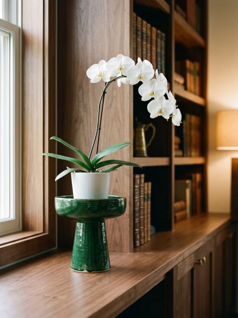 Deep green ceramic pedestal plant stand with a phalaenopsis orchid on a home library shelf
