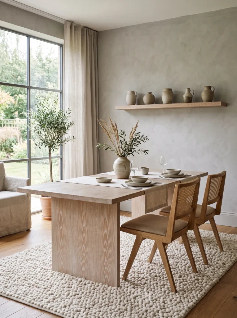  Cerused oak dining table with cane-back chairs against a dove-gray plaster wall.