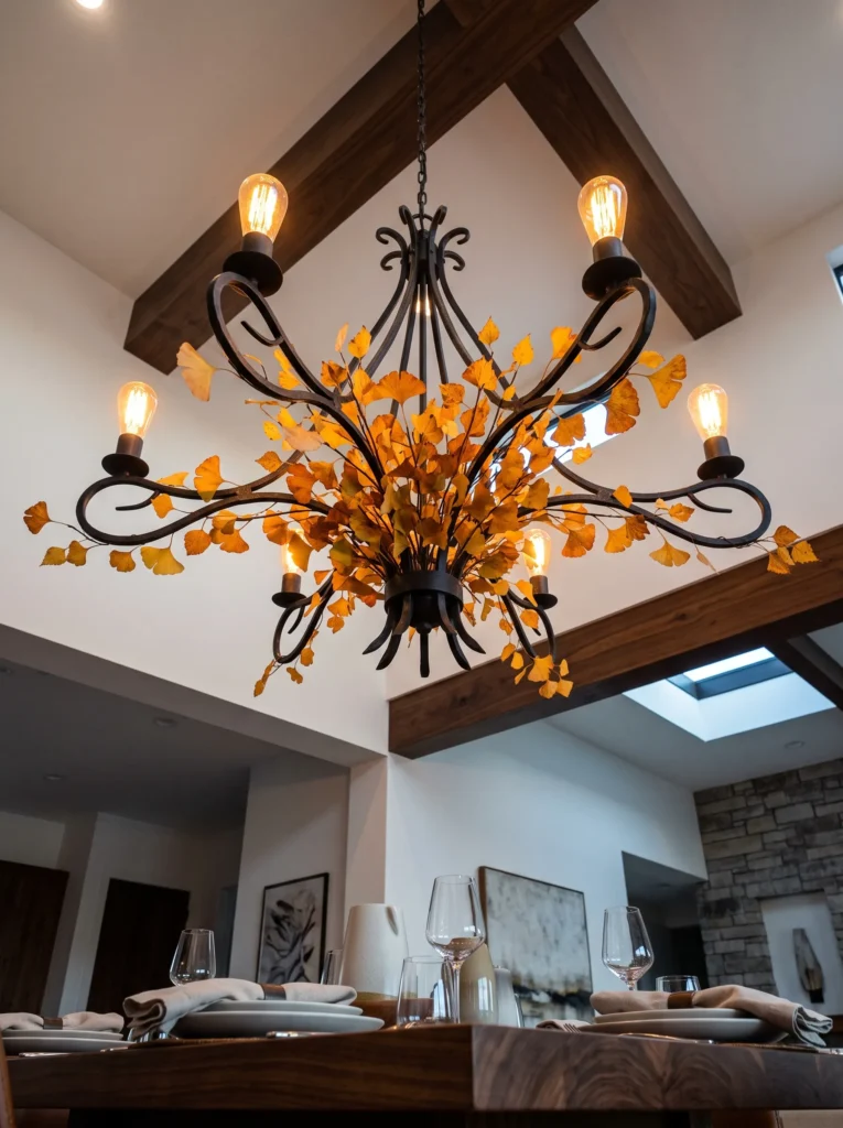 Ginkgo and birch leaves arranged around a wrought iron chandelier.
