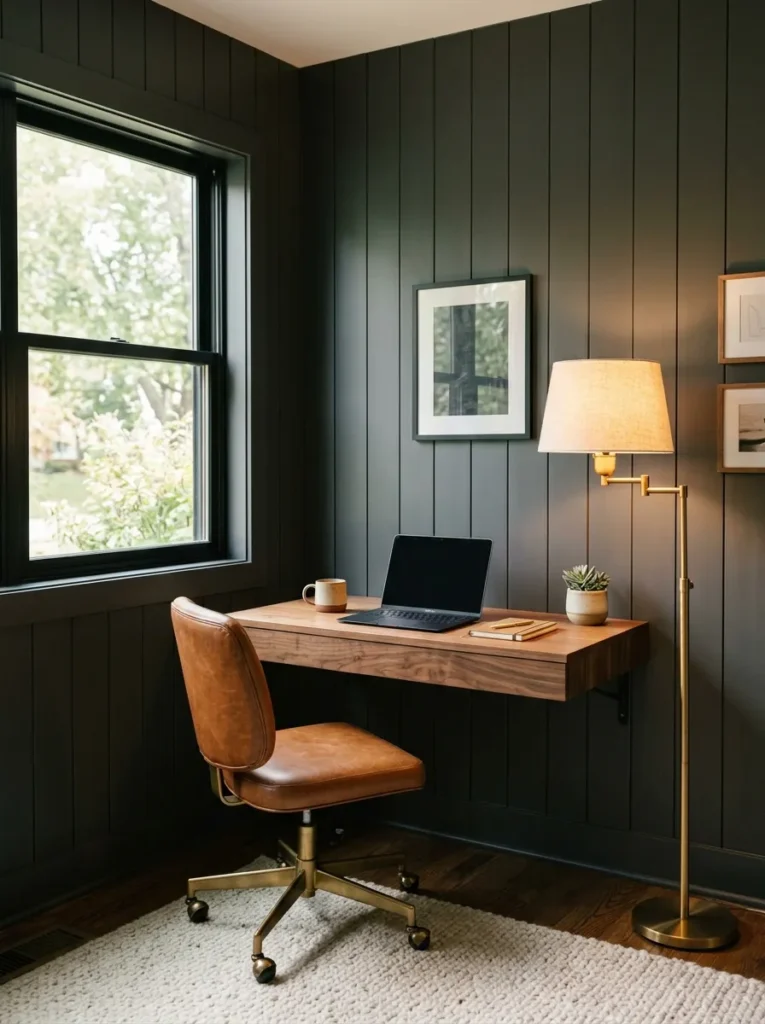 Charcoal-paneled home office with a floating walnut desk and brass floor lamp.