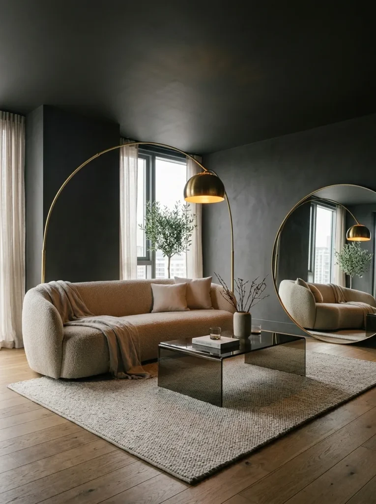 Charcoal ceiling and walls with an oatmeal bouclé sofa