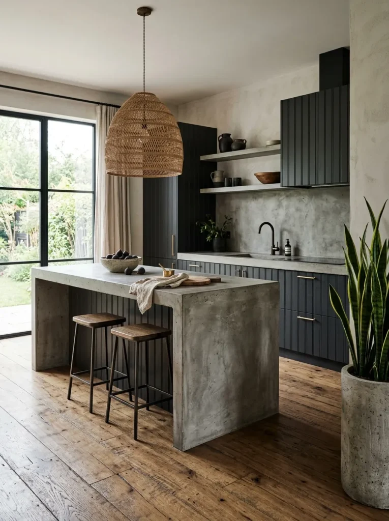 Charcoal beadboard cabinets with a raw concrete waterfall-edge kitchen island.