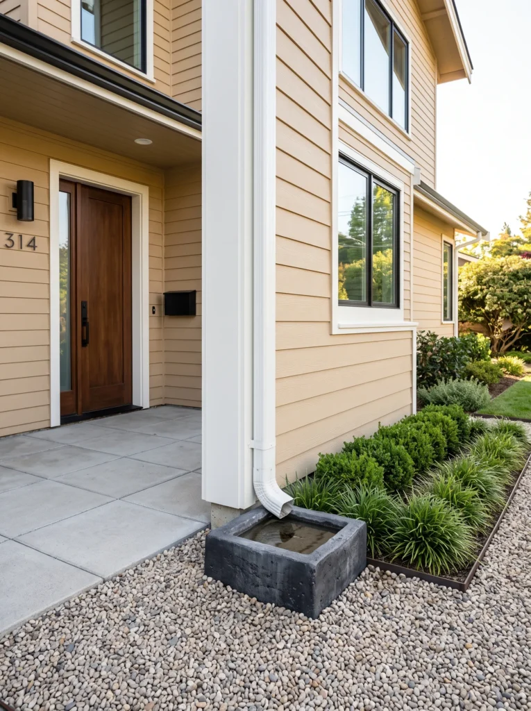 Charcoal concrete gutter downspout drainage idea with pale gravel, ornamental grass, and a modern home exterior.