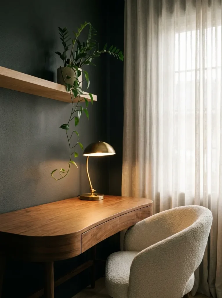  Curved walnut desk against a warm charcoal wall with an ivory boucle chair and brass desk lamp