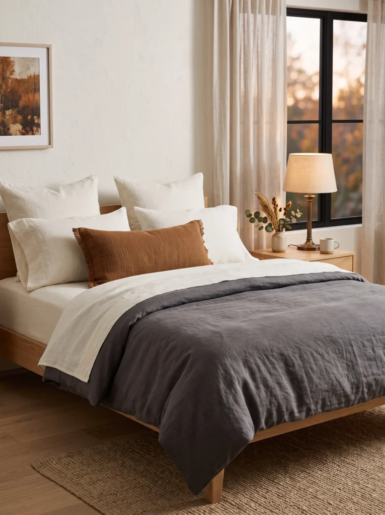 Charcoal linen bedroom with ivory bedding, cinnamon lumbar pillow, aged bronze lamp, and warm autumn lighting.