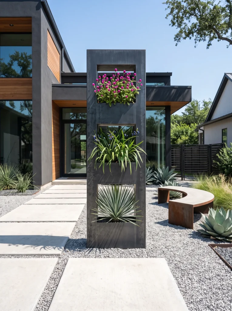  Charcoal steel monolith with yucca and Dianella.