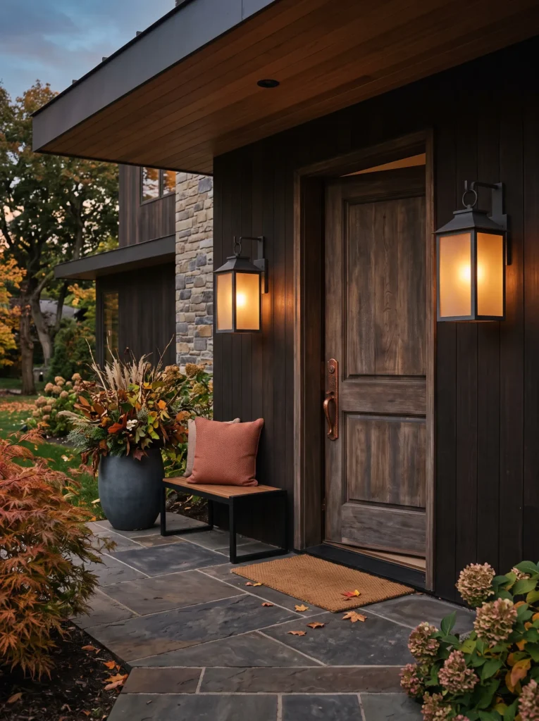Charcoal porch lanterns glowing with muted amber light beside a weathered wood front door and rust outdoor cushion.