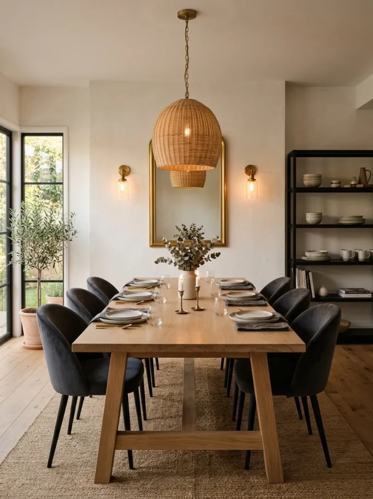 Charcoal velvet dining chairs against warm white plaster walls