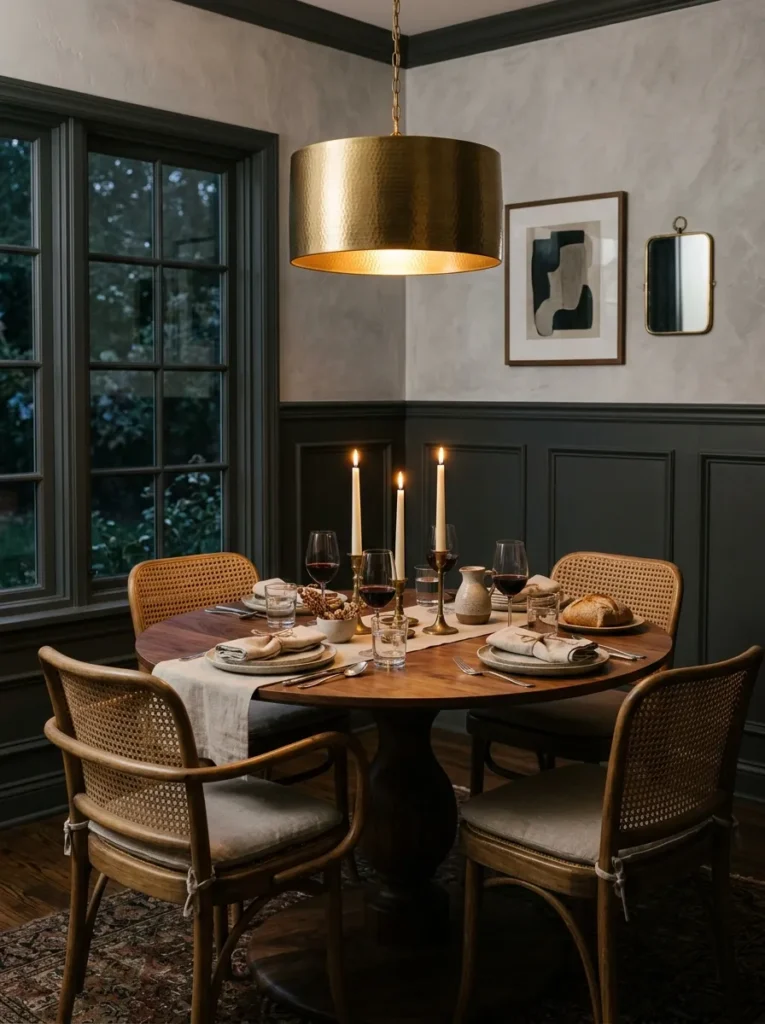Charcoal wainscoting dining room with a round walnut pedestal table