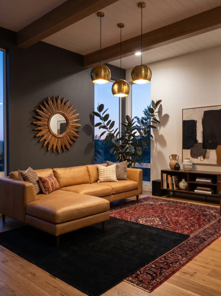  Charcoal living room with brass pendant cluster and camel leather sofa