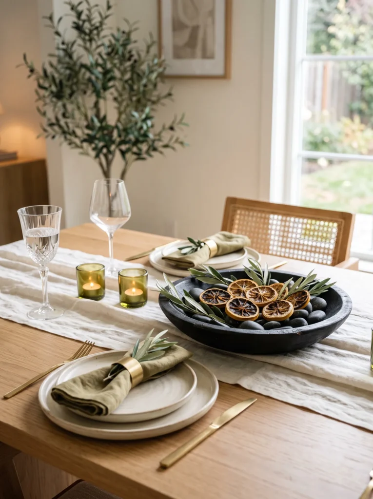 Fall table centerpiece ideas with charred dried lemon wheels, olive leaves, river stones, charcoal wood bowl, and creamy linen