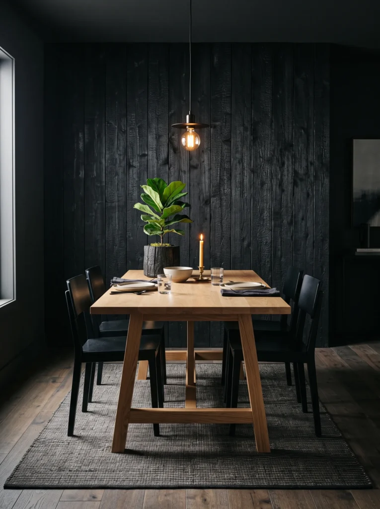 Pale oak trestle table against a charred shou sugi ban accent wall.