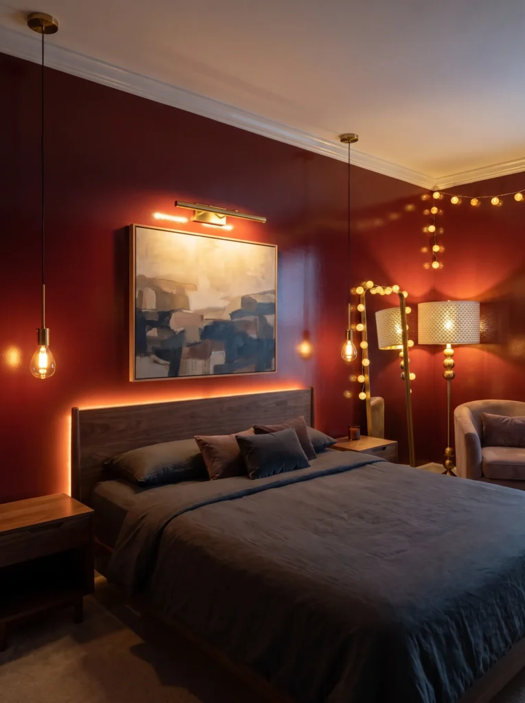 Brass picture light glowing above art on a cherry-red bedroom wall.