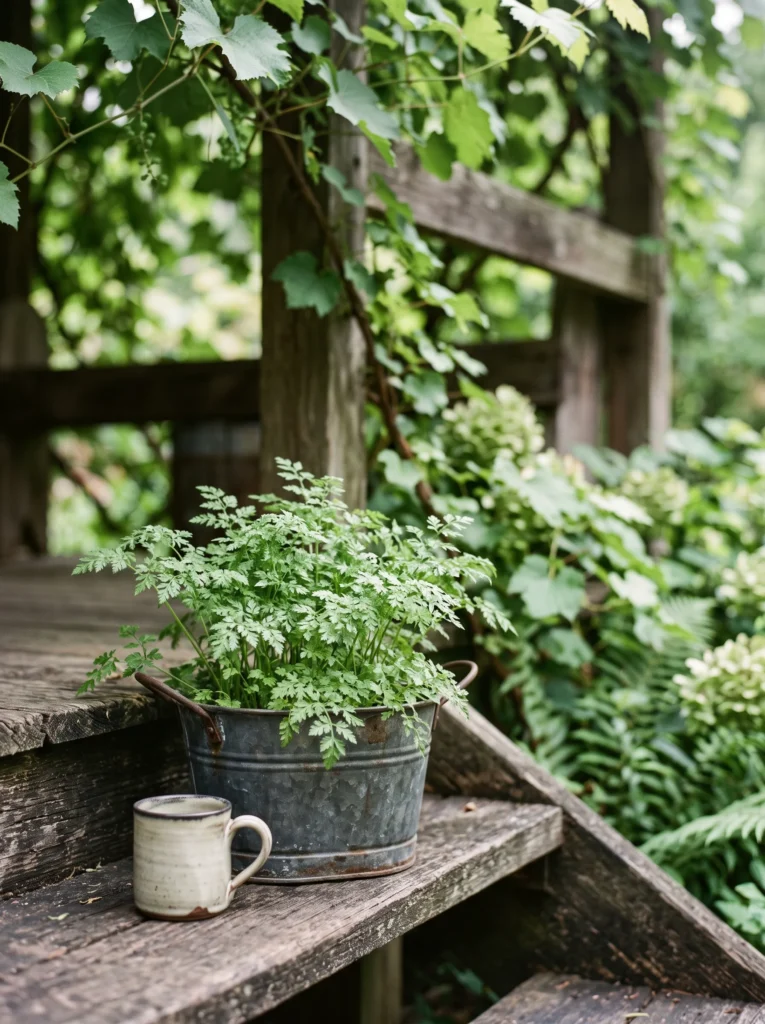 Fall herbs to grow in a vintage tin planter, featuring delicate fresh chervil on a shaded autumn porch.
