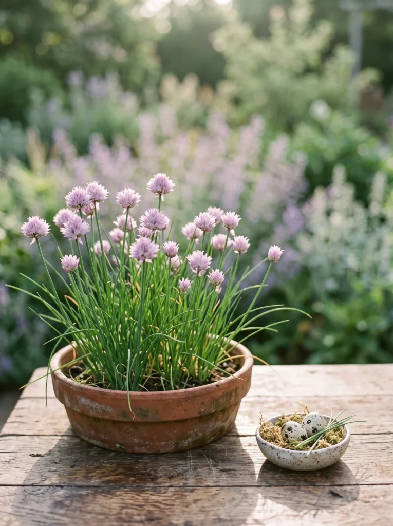 Fall herbs to grow in a low terracotta container, featuring fresh chives and pale purple blossoms on a rustic garden table.