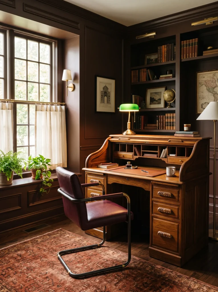 Chocolate brown home office study with a restored antique oak rolltop desk